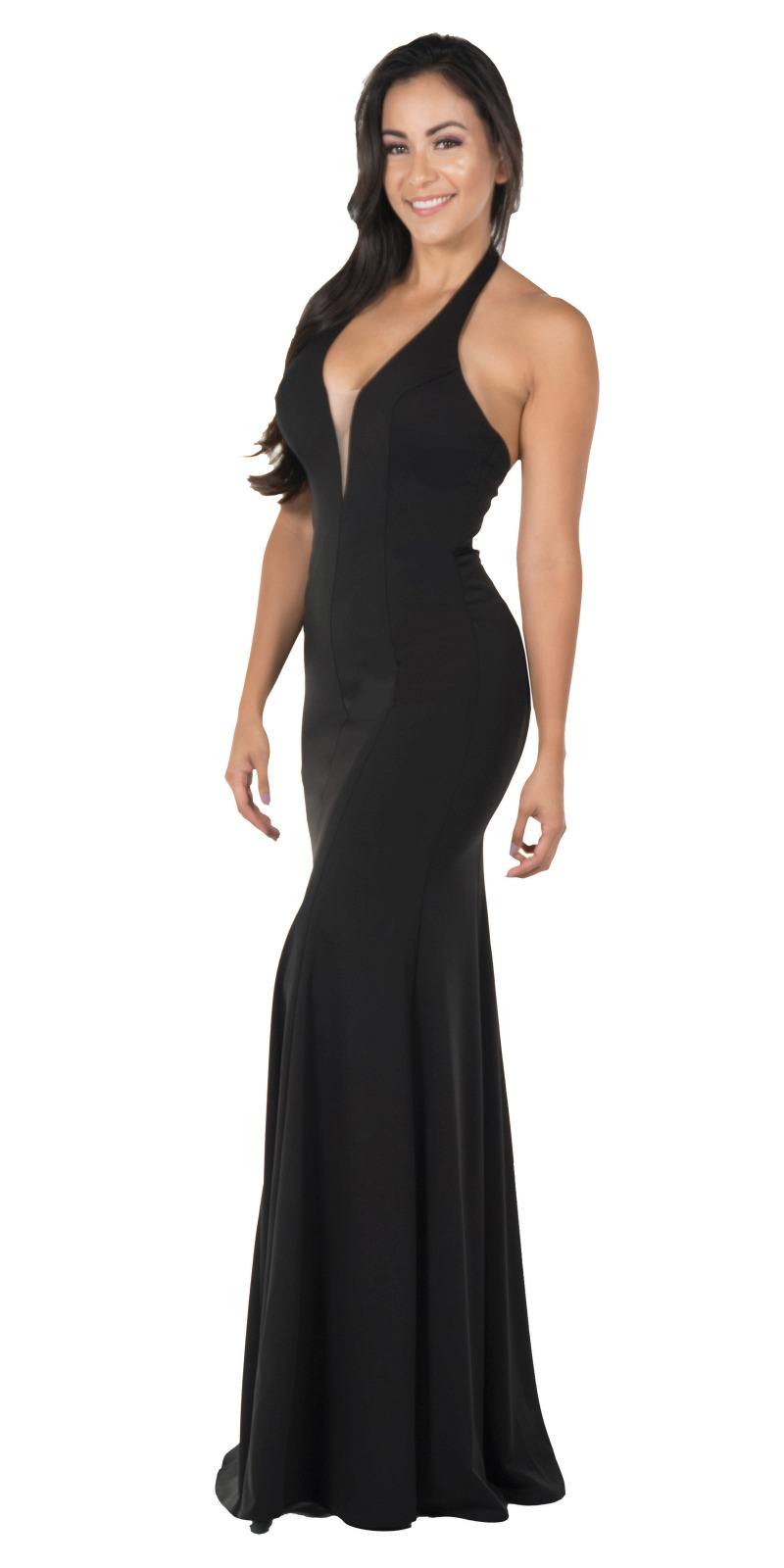 Poly USA 8262 Deep V-Neck Halter Long Prom Dress Black