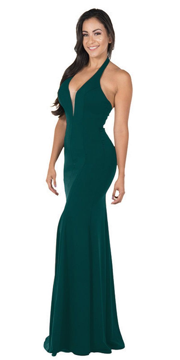 Poly USA 8262 Deep V-Neck Halter Long Prom Dress Green