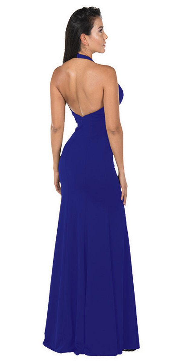 Poly USA 8262 Deep V-Neck Halter Long Prom Dress Royal Blue
