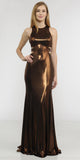 Brown Metallic Foil Sleeveless Long Formal Dress with Side Cut-Outs