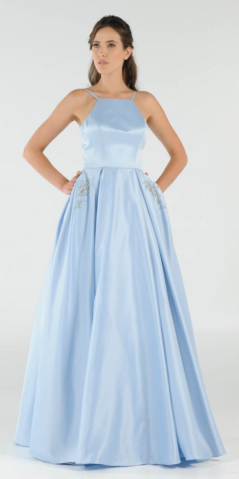 Poly USA 8272 Blue Long Satin Prom Dress Halter Spaghetti Strap with Pockets
