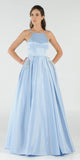 Poly USA 8272 Blue Long Satin Prom Dress Halter Spaghetti Strap with Pockets