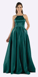 Poly USA 8272 Emerald Long Satin Prom Dress Halter Spaghetti Strap with Pockets 