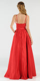 Poly USA 8272 Red Long Satin Prom Dress Halter Spaghetti Strap with Pockets 