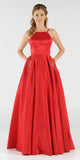 Poly USA 8272 Red Long Satin Prom Dress Halter Spaghetti Strap with Pockets 