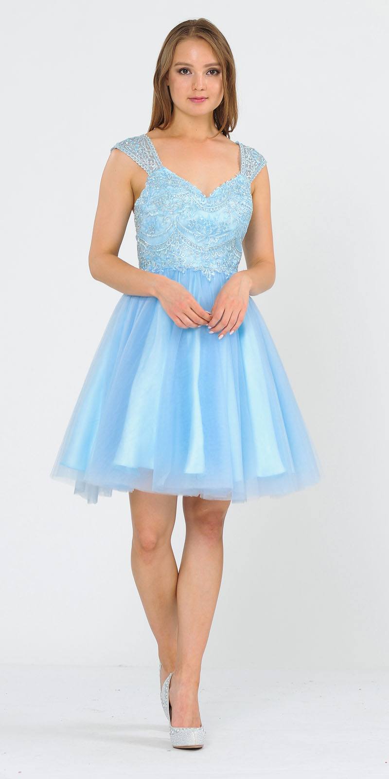 V-Neck Embroidered Baby Blue Homecoming Short Dress 