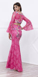 Fuchsia Two-Piece Embroidered Lace Pageant Gown with Bell Sleeves