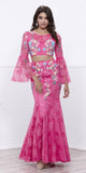Fuchsia Two-Piece Embroidered Lace Pageant Gown with Bell Sleeves