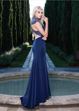 Navy Cut-Out Beaded Back V-Neck Fit and Flare Evening Gown