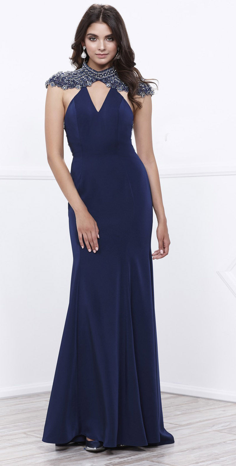 Navy Cut-Out Beaded Back V-Neck Fit and Flare Evening Gown 