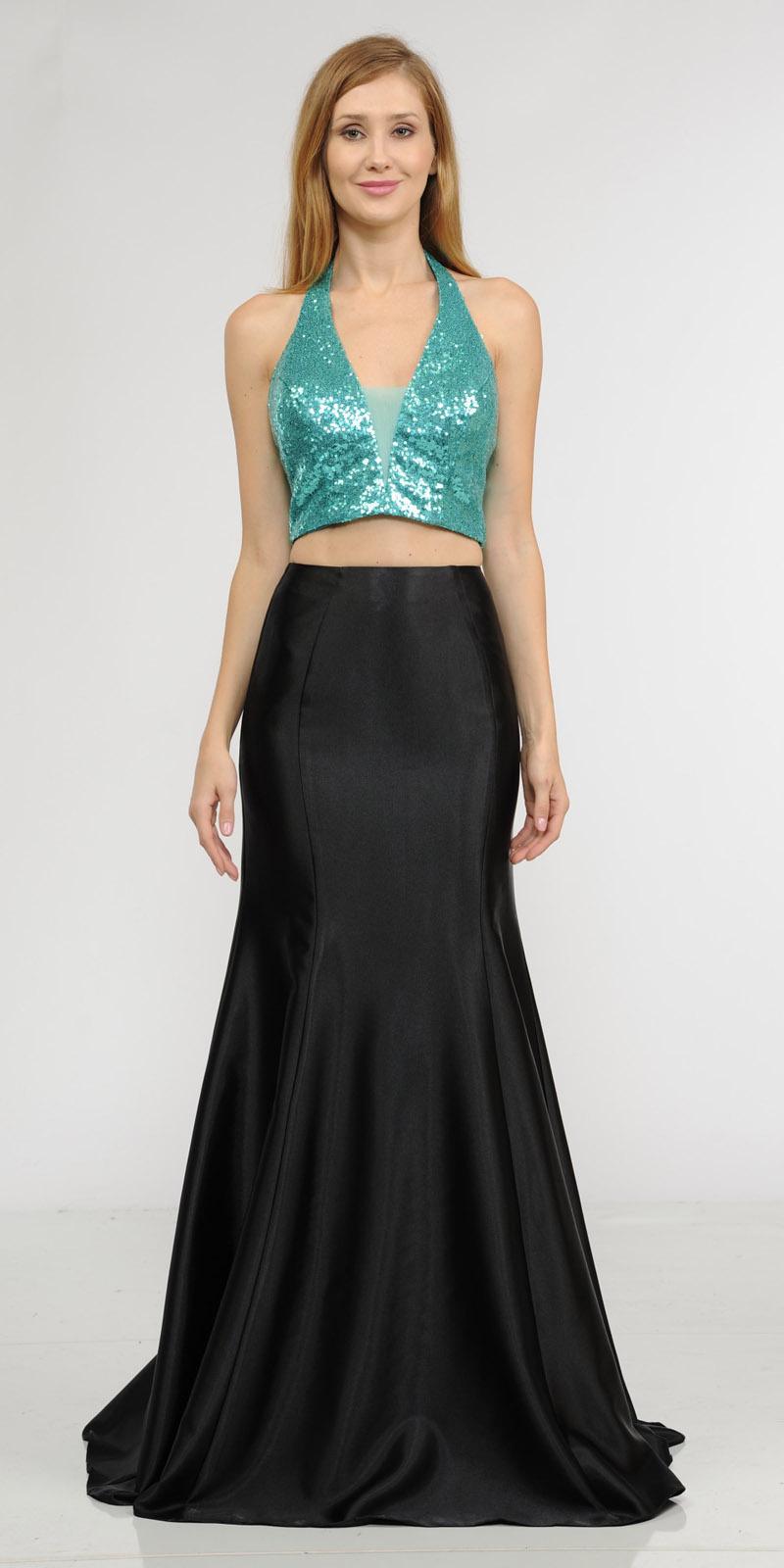 Jade Two-Piece Long Prom Dress Sequins Top V-Neck
