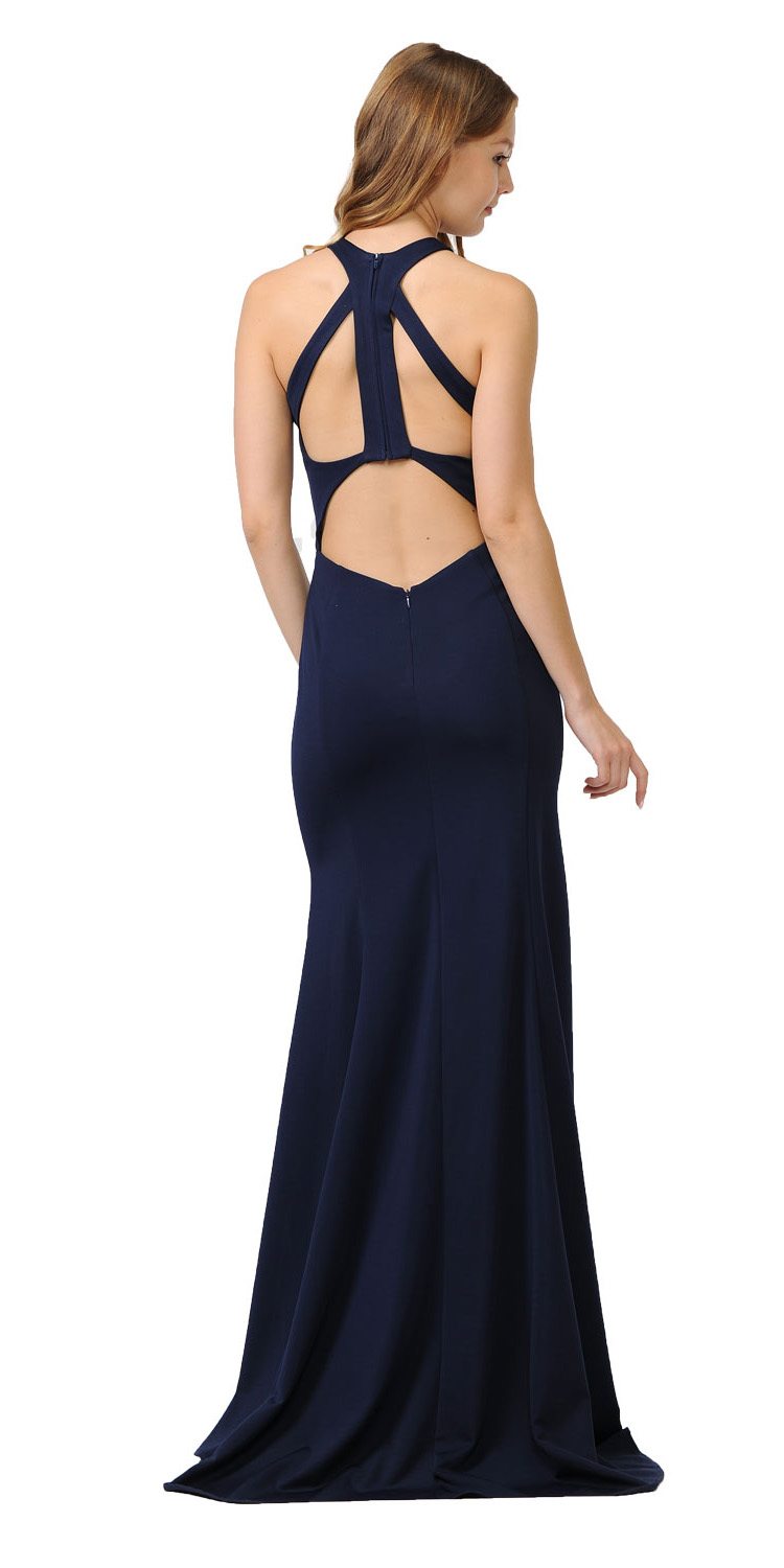 Halter Long Formal Gown Cut-Out Back Navy Blue
