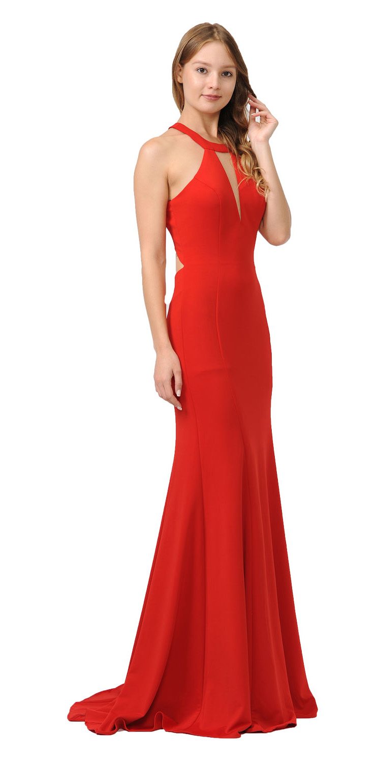 Halter Long Formal Gown Cut-Out Back Red