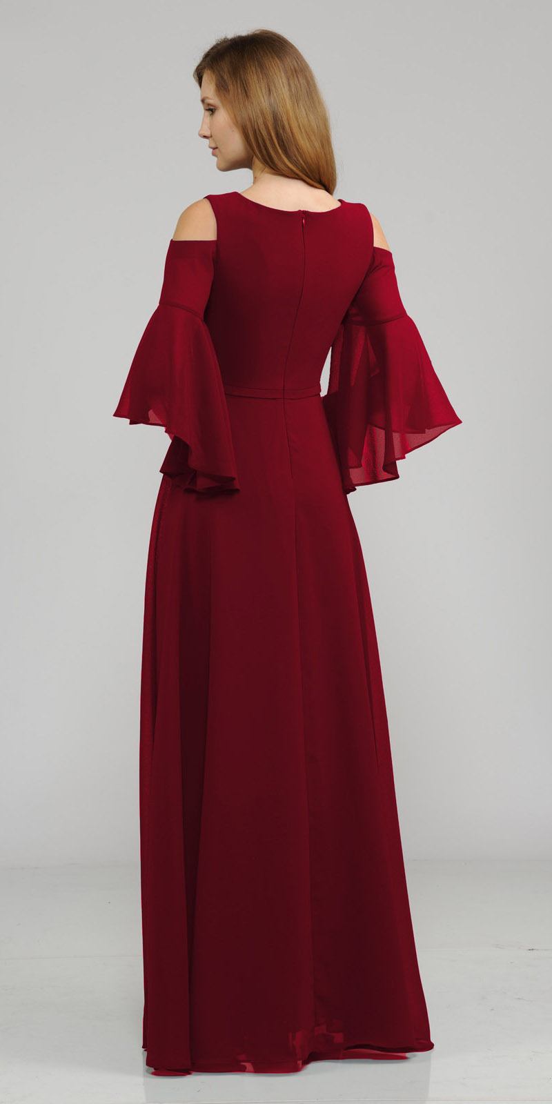 Cold-Shoulder V-Neck Long Formal Dress Bell Sleeve Burgundy