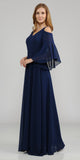 Cold-Shoulder V-Neck Long Formal Dress Bell Sleeve Navy Blue