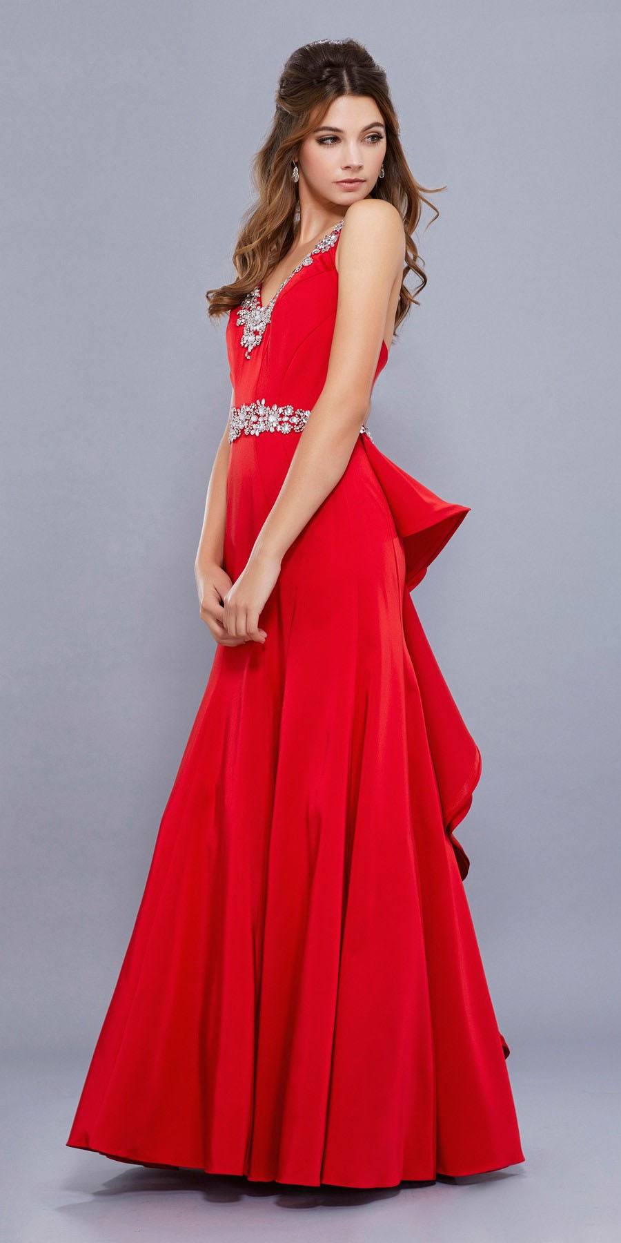 Embellished V-Neck Ruffled Cut-Out Back Mermaid Prom Dress Red