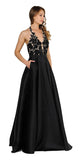 Open Back Halter Long Prom Dress with Pockets Black
