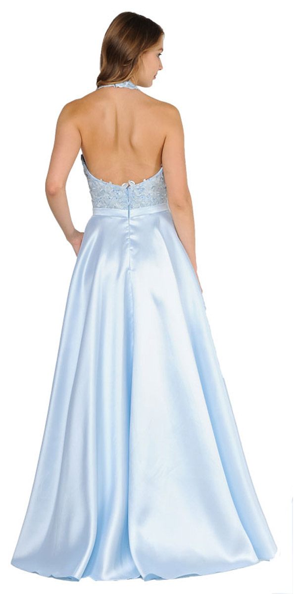 Open Back Halter Long Prom Dress with Pockets Blue