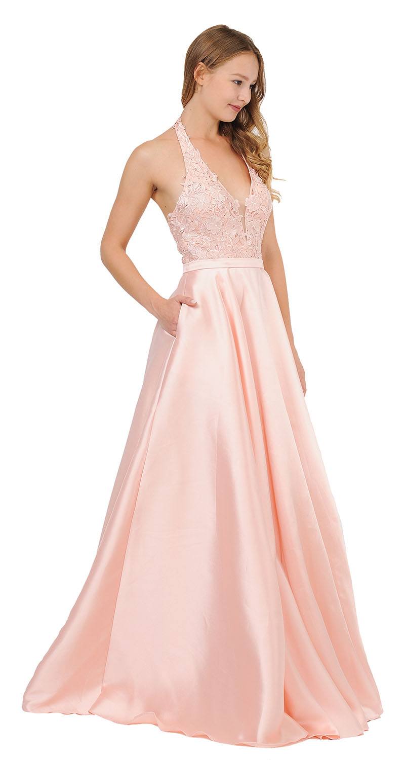 Open Back Halter Long Prom Dress with Pockets Blush