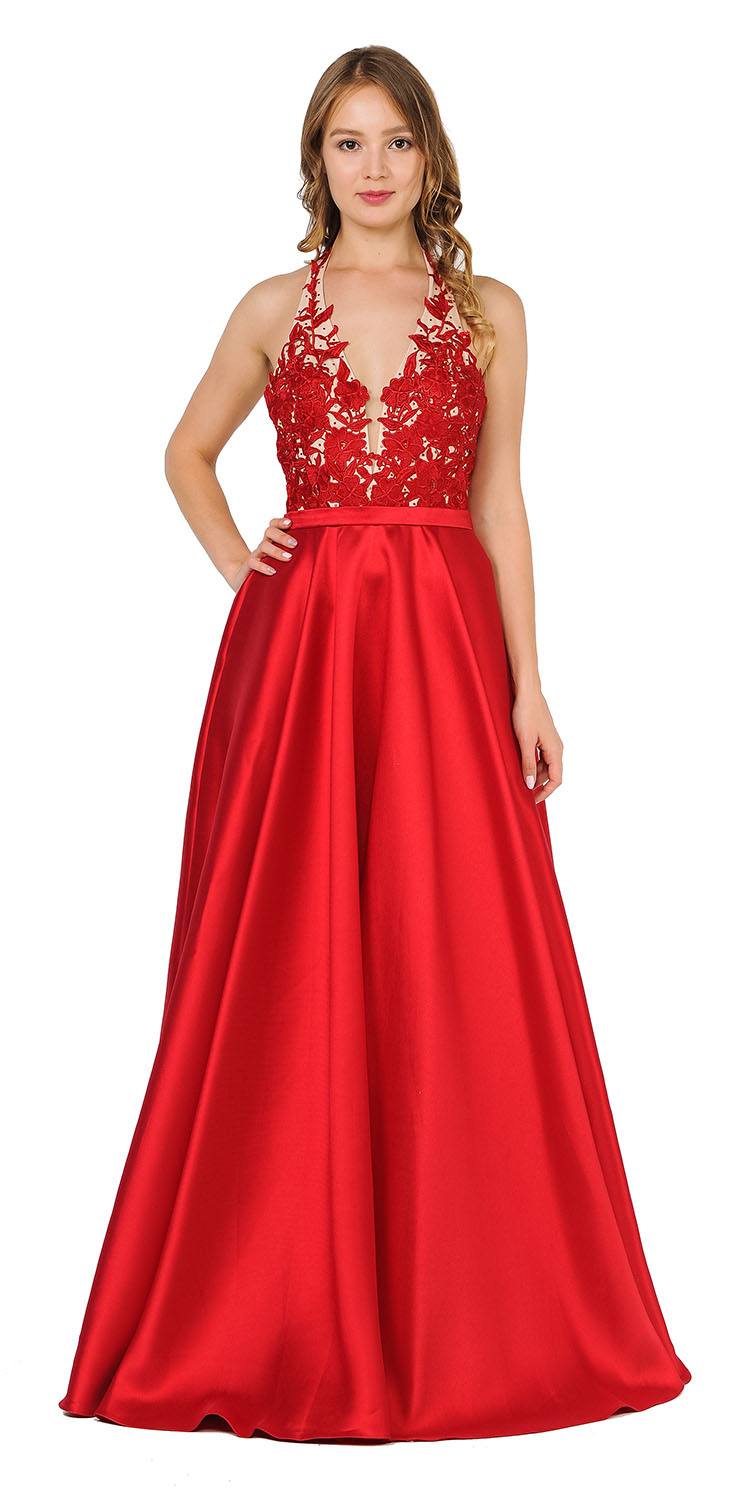 Open Back Halter Long Prom Dress with Pockets Red