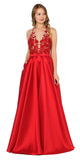 Open Back Halter Long Prom Dress with Pockets Red