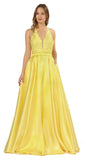 Open Back Halter Long Prom Dress with Pockets Yellow