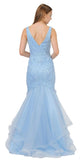 V-Neck Long Mermaid Tiered Prom Dress Blue
