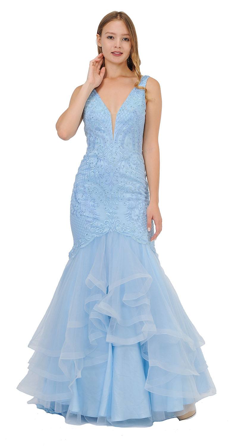 V-Neck Long Mermaid Tiered Prom Dress Blue