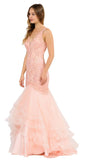 V-Neck Long Mermaid Tiered Prom Dress Blush
