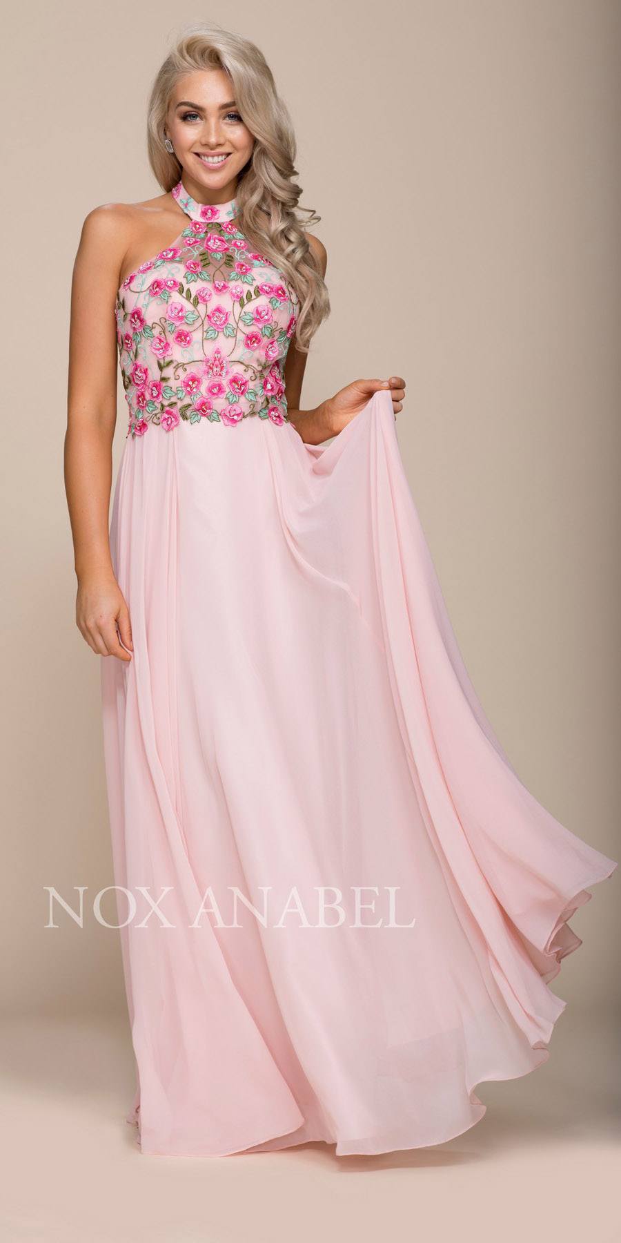 Nox Anabel 8326 Embroidered Bodice Halter Open Back Long Formal Dress