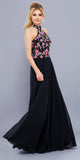 Black Embroidered Bodice Halter Open Back Long Formal Dress