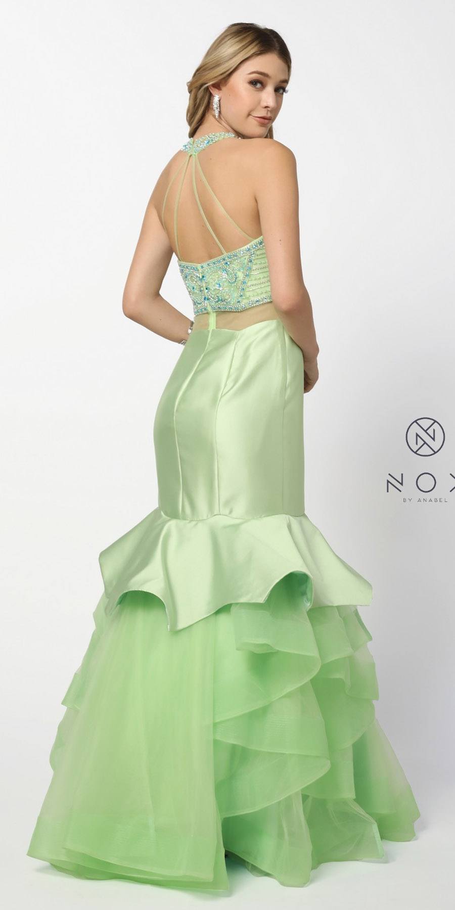 Nox Anabel 8332 Pistachio-Green Mock Two-Piece Embellished Tiered Mermaid Prom Gown