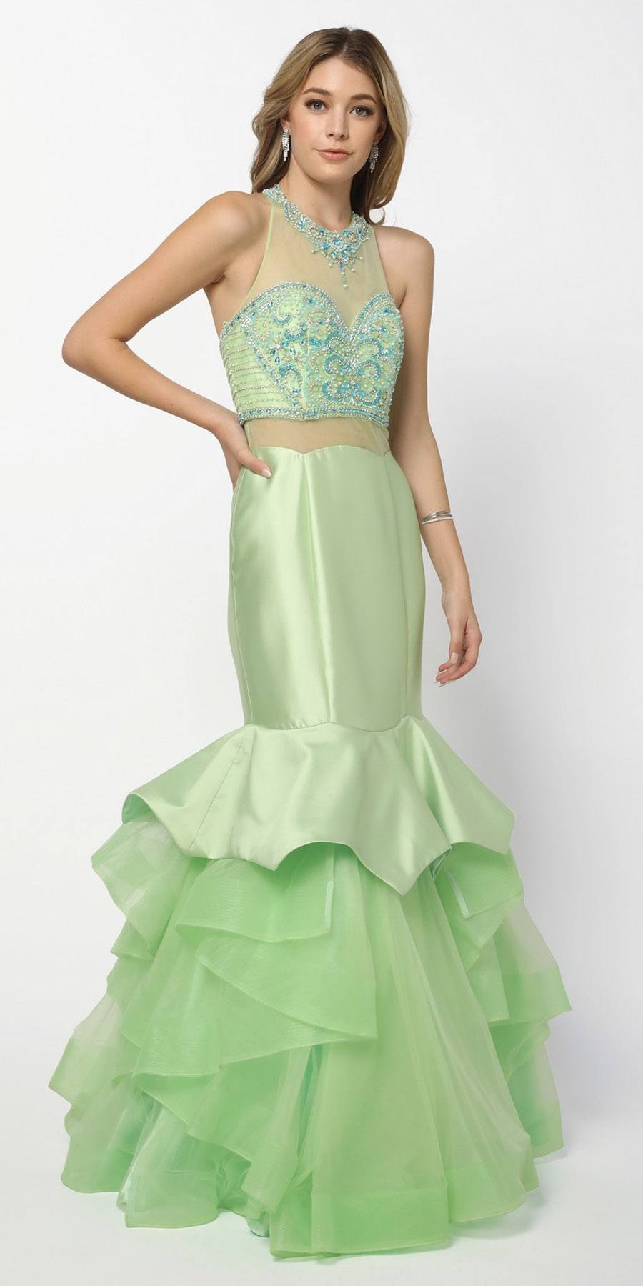 Nox Anabel 8332 Pistachio-Green Mock Two-Piece Embellished Tiered Mermaid Prom Gown