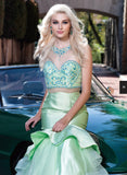 Pistachio-Green Mock Two-Piece Embellished Tiered Mermaid Prom Gown