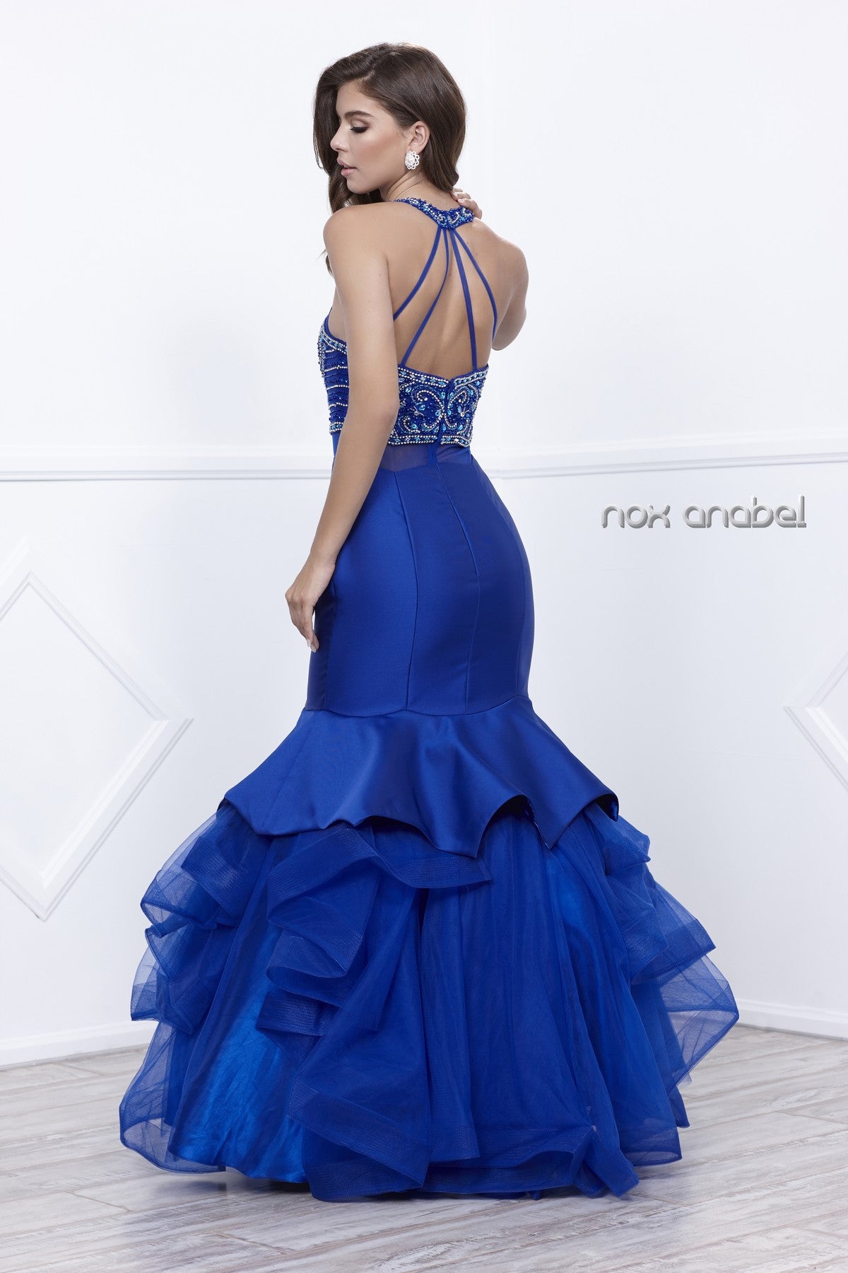 Royal Blue Mock Two-Piece Embellished Tiered Mermaid Prom Gown