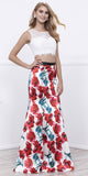 White Sleeveless Crop Top Printed Mermaid Skirt Two-Piece Prom Gown