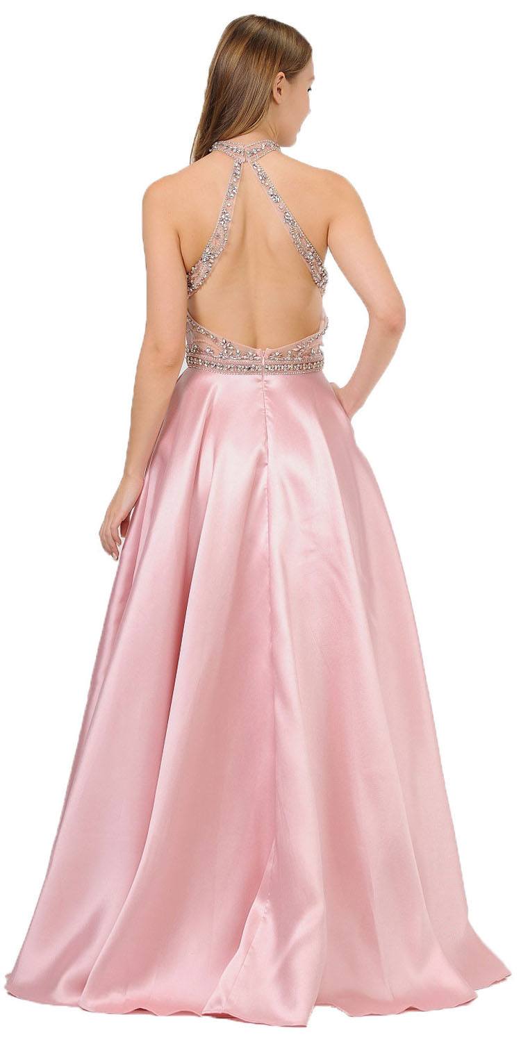 High-Neck Beaded Long Prom Dress with Pockets Mauve