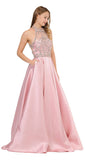 High-Neck Beaded Long Prom Dress with Pockets Mauve