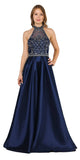 High-Neck Beaded Long Prom Dress with Pockets Navy Blue