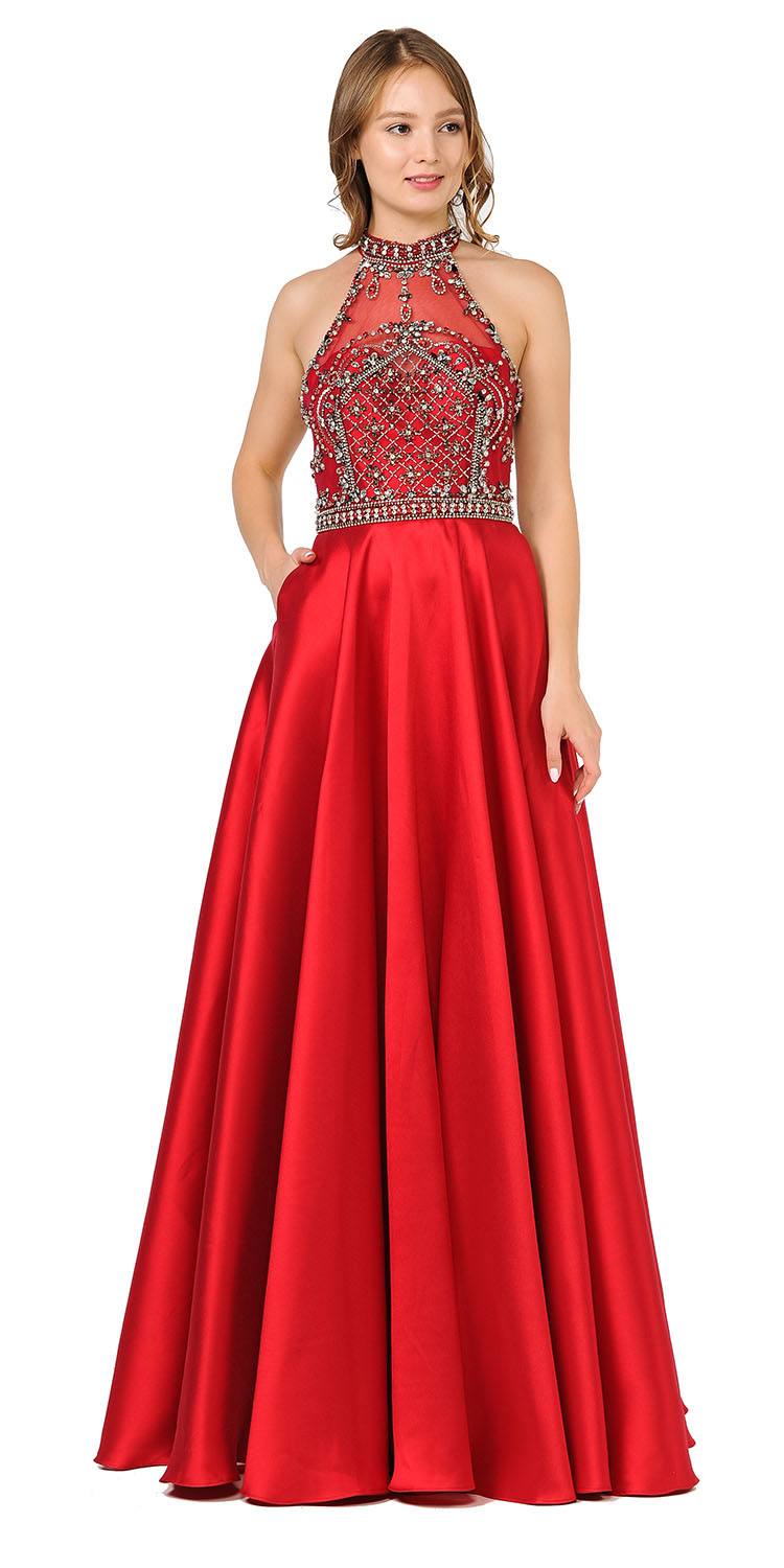 High-Neck Beaded Long Prom Dress with Pockets Red