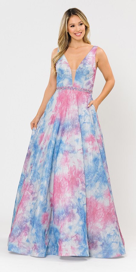 Blue/Pink V-Neck and Back Long Prom Dress with Pockets