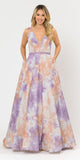Lilac/Orange V-Neck and Back Long Prom Dress with Pockets