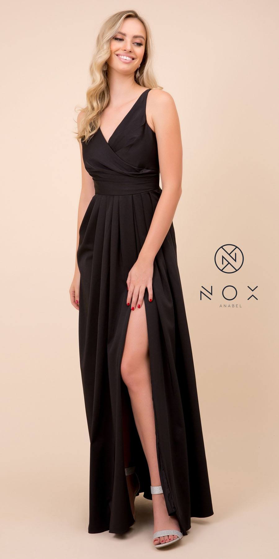 Nox Anabel 8347 Long Black Bridesmaid A-Line Satin Dress Pleated Slit