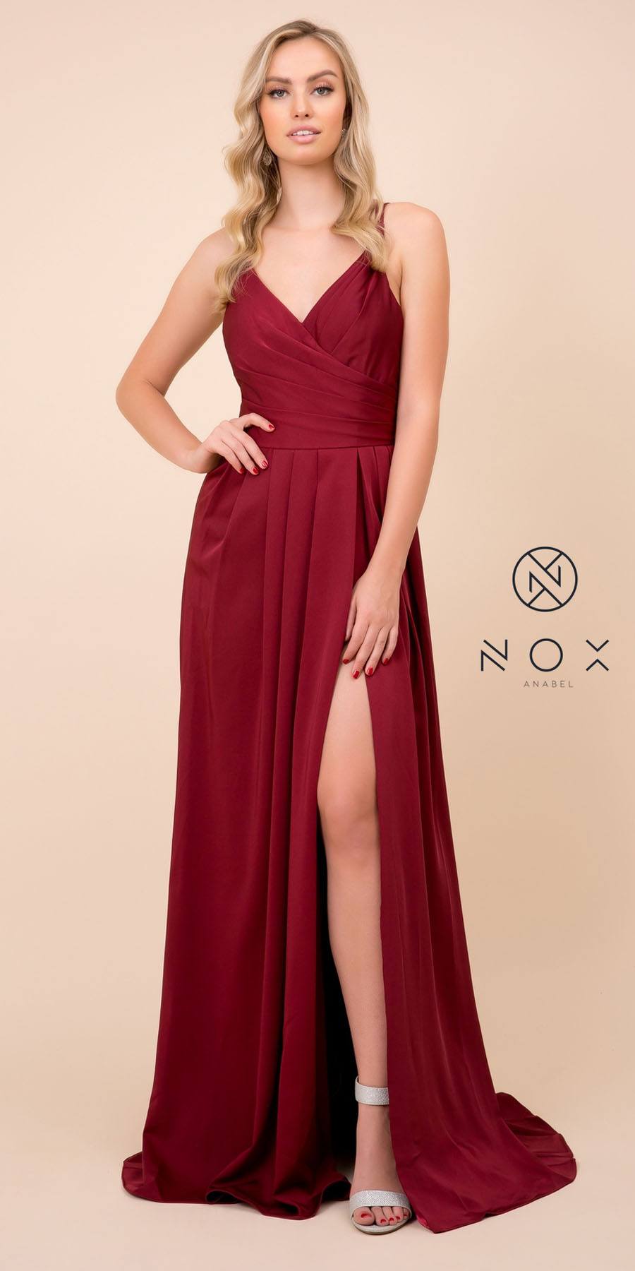 Nox Anabel 8347 Long Burgundy Bridesmaid A-Line Satin Dress Pleated Slit