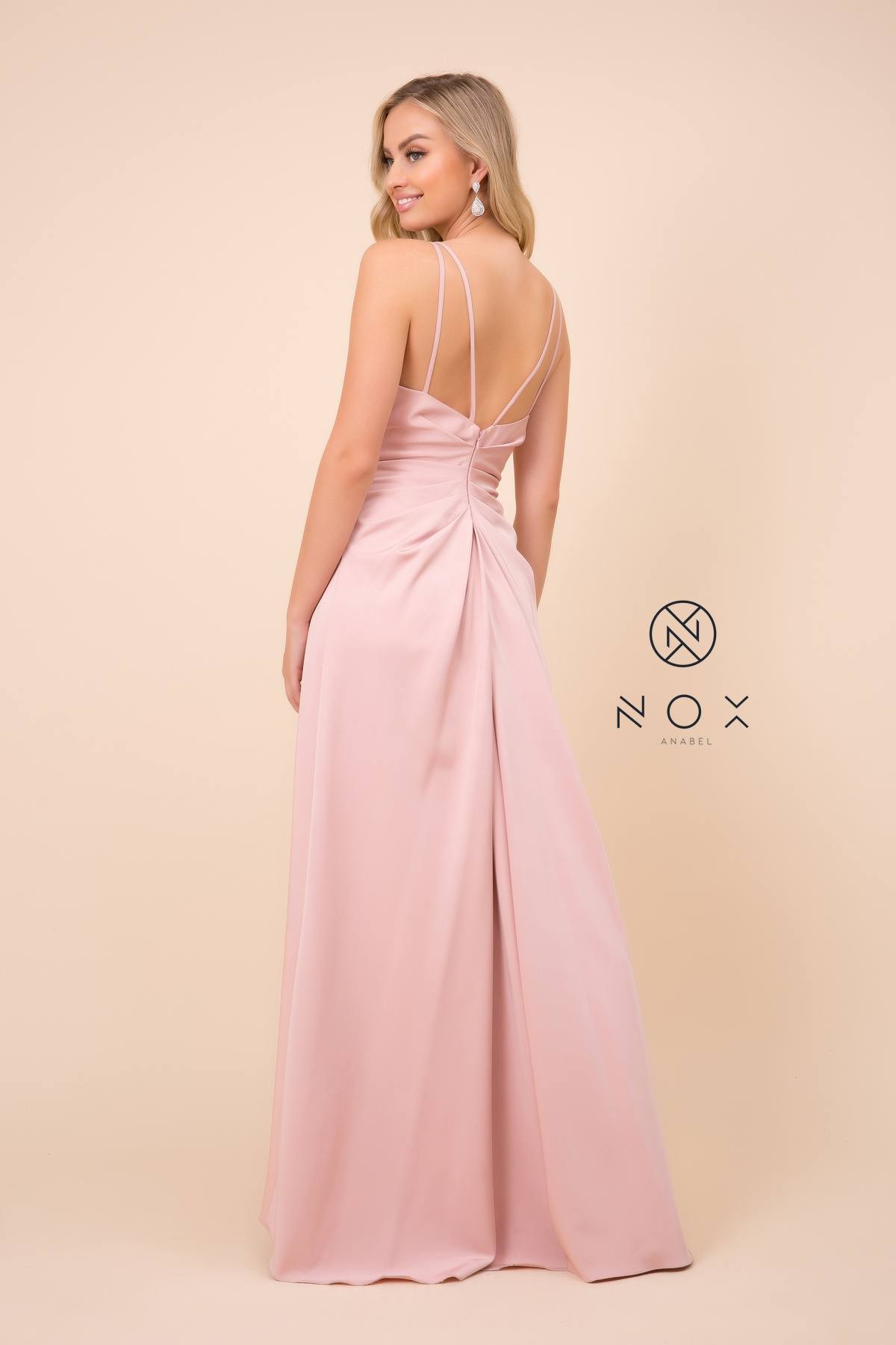 Nox Anabel 8347 Long Rose Bridesmaid A-Line Satin Dress Pleated Slit