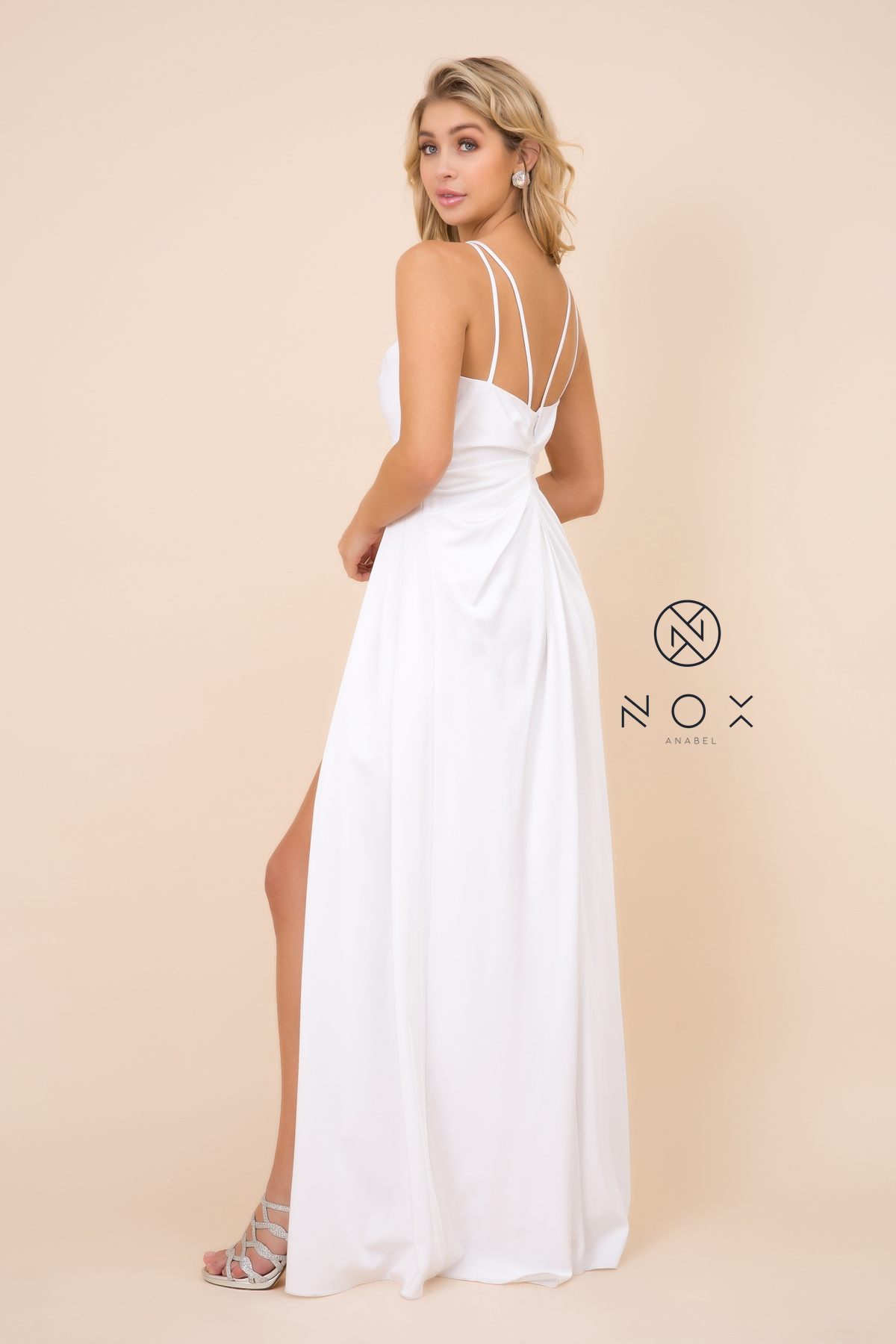 Nox Anabel 8347 Long White Bridesmaid A-Line Satin Dress Pleated Slit