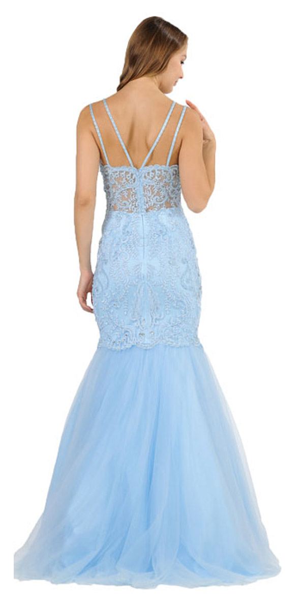 Embroidered-Lace Mermaid Long Prom Dress Ice Blue