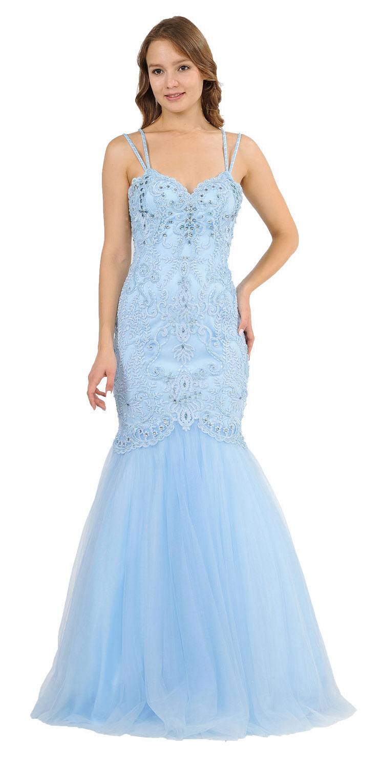 Embroidered-Lace Mermaid Long Prom Dress Ice Blue