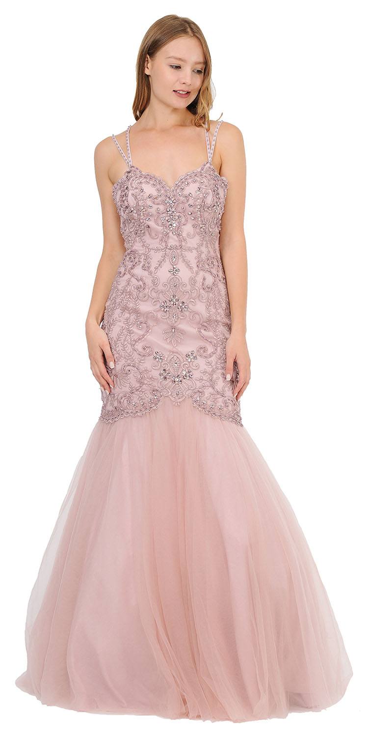 Embroidered-Lace Mermaid Long Prom Dress Mauve