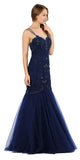 Embroidered-Lace Mermaid Long Prom Dress Navy Blue